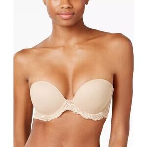 Natori Women's Strapless Plunge Multi-Way Bra Lace Trim Cafe Nude Size 34DD